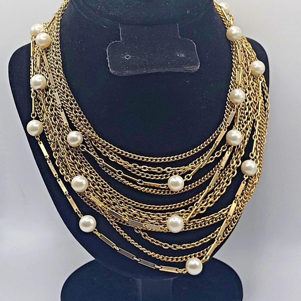 Gorgeous Multistrand Chain Simulated Pearl Necklace KRAMER Statement Chunky 18"
